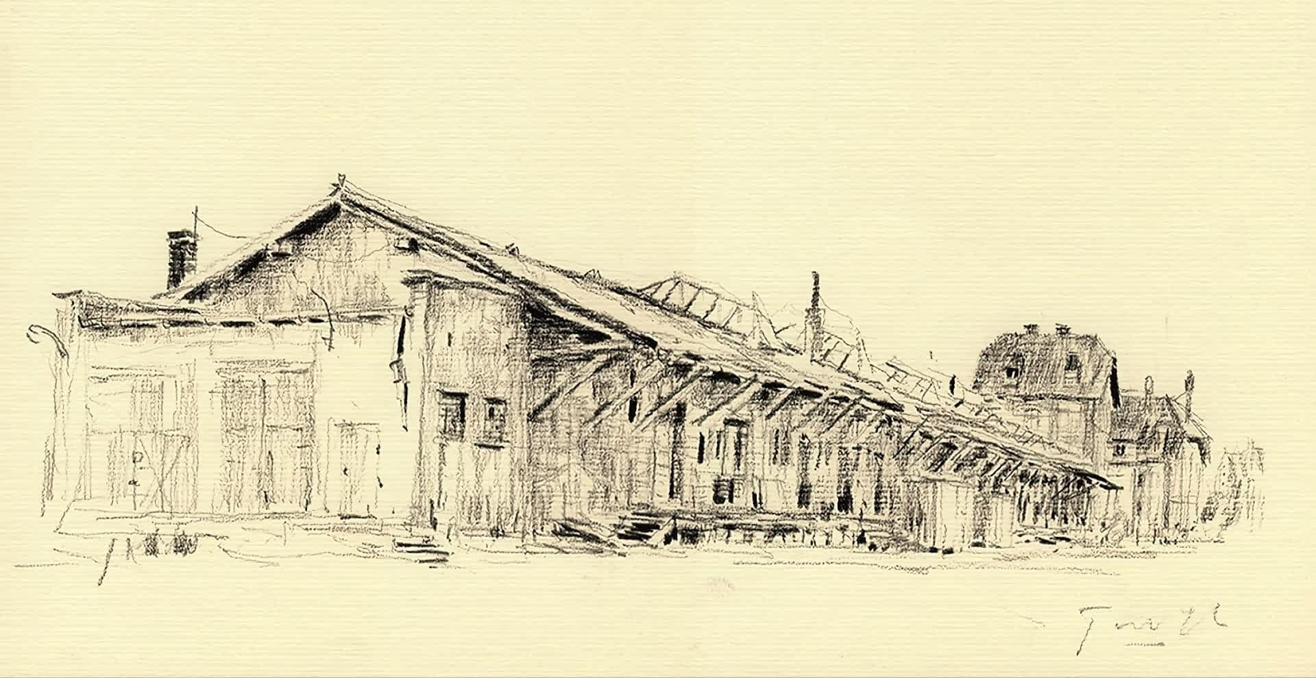 Gdańsk Brama Nizinna Station – colored pencil drawing by Andrzej Taranek, 2016.
