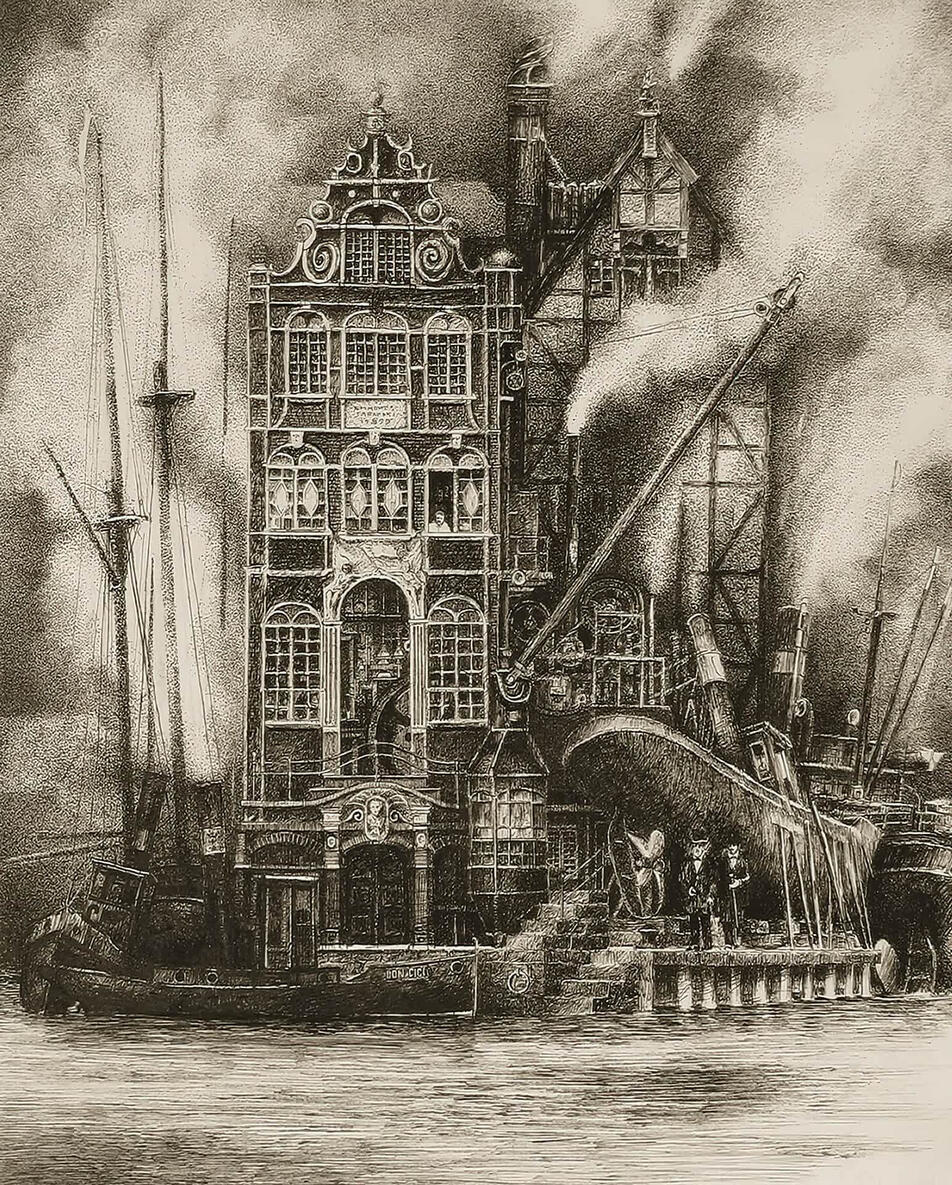 Polski Hak peninsula in Gdańsk – pen-and-ink drawing by Andrzej Taranek.