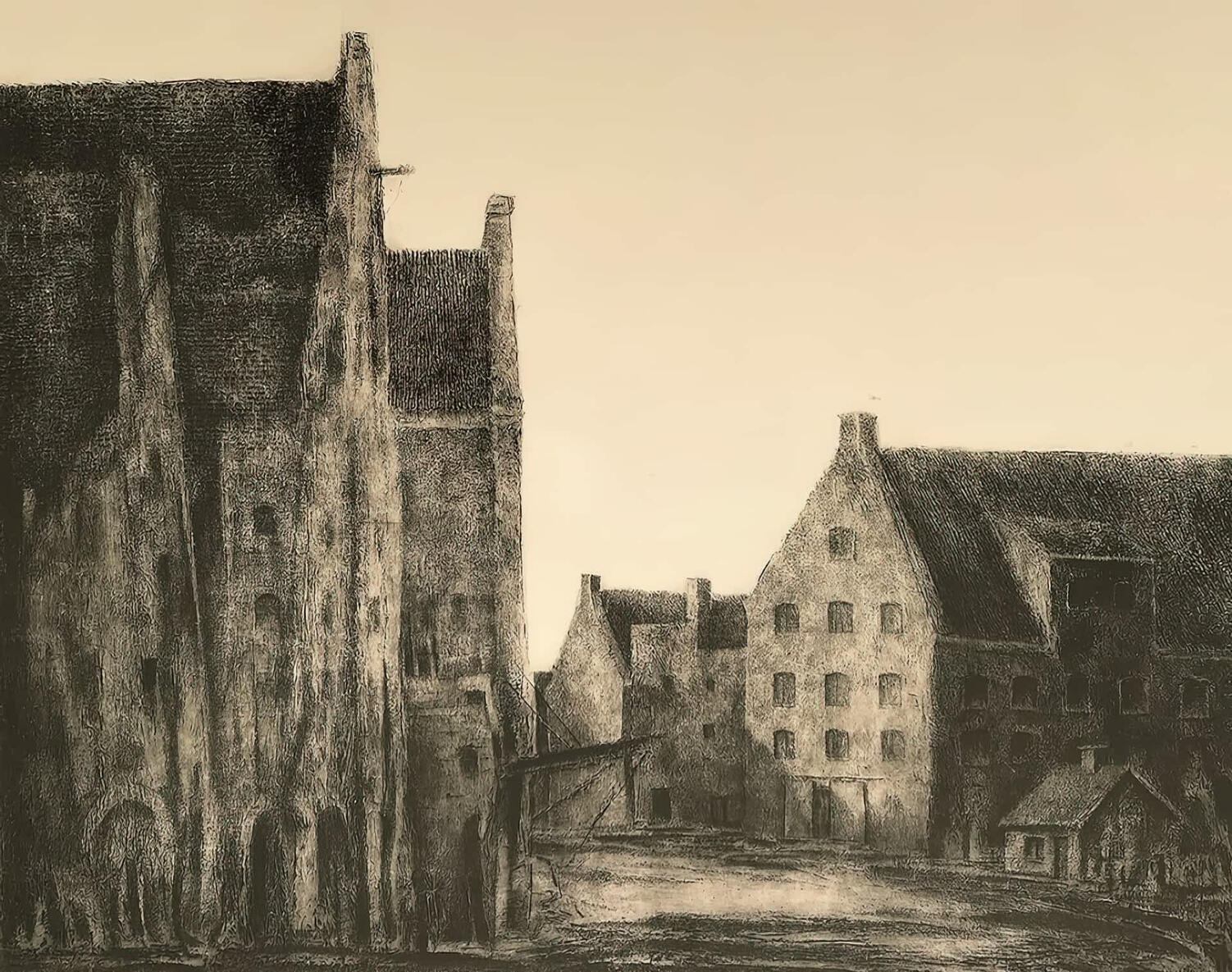Granary Island, Gdańsk – etching by Andrzej Taranek, 2014.